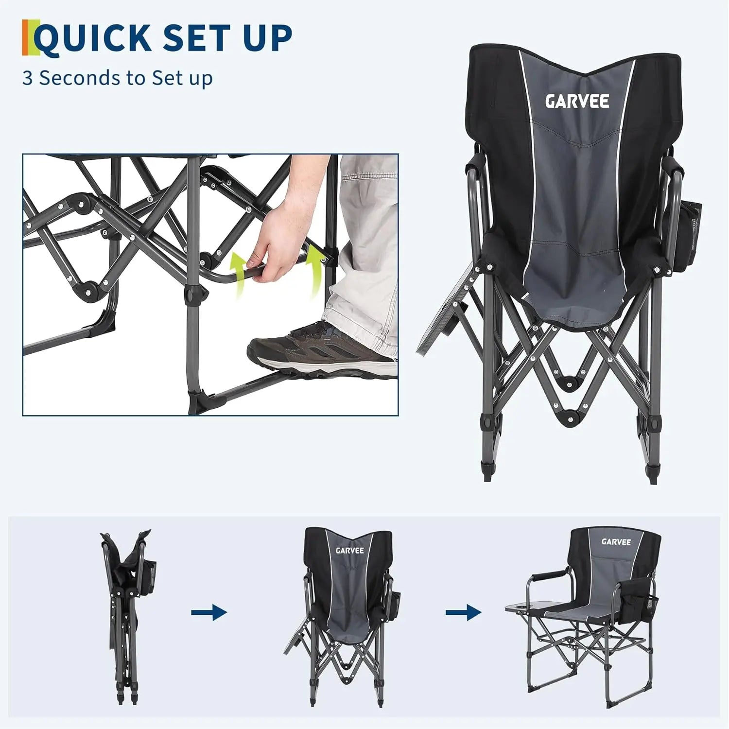 Portable Folding Directors Chair with Side Table Support 181kg Chair.