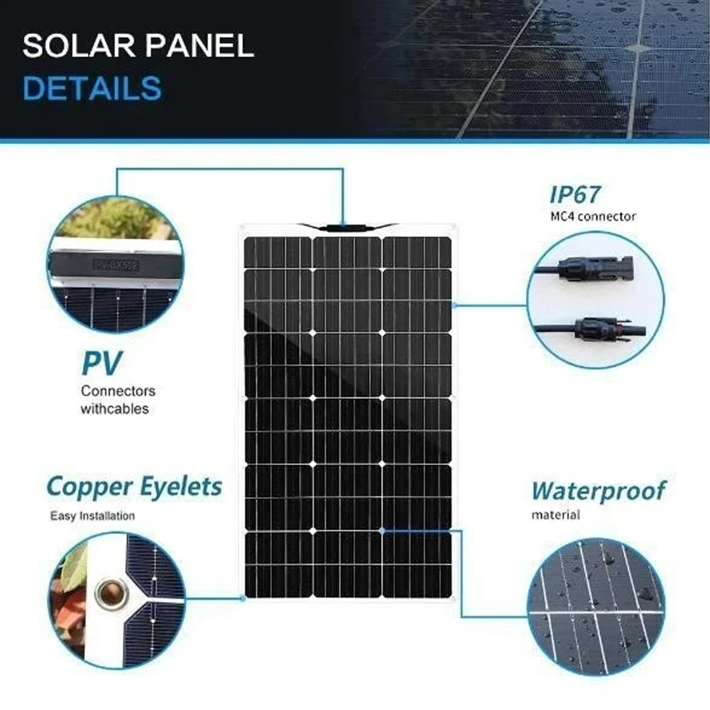 200W 18V Flexible Solar Panel Module 18V High Efficiency Battery Charger Module Waterproof Monocrystalline Boat Car RV Marine