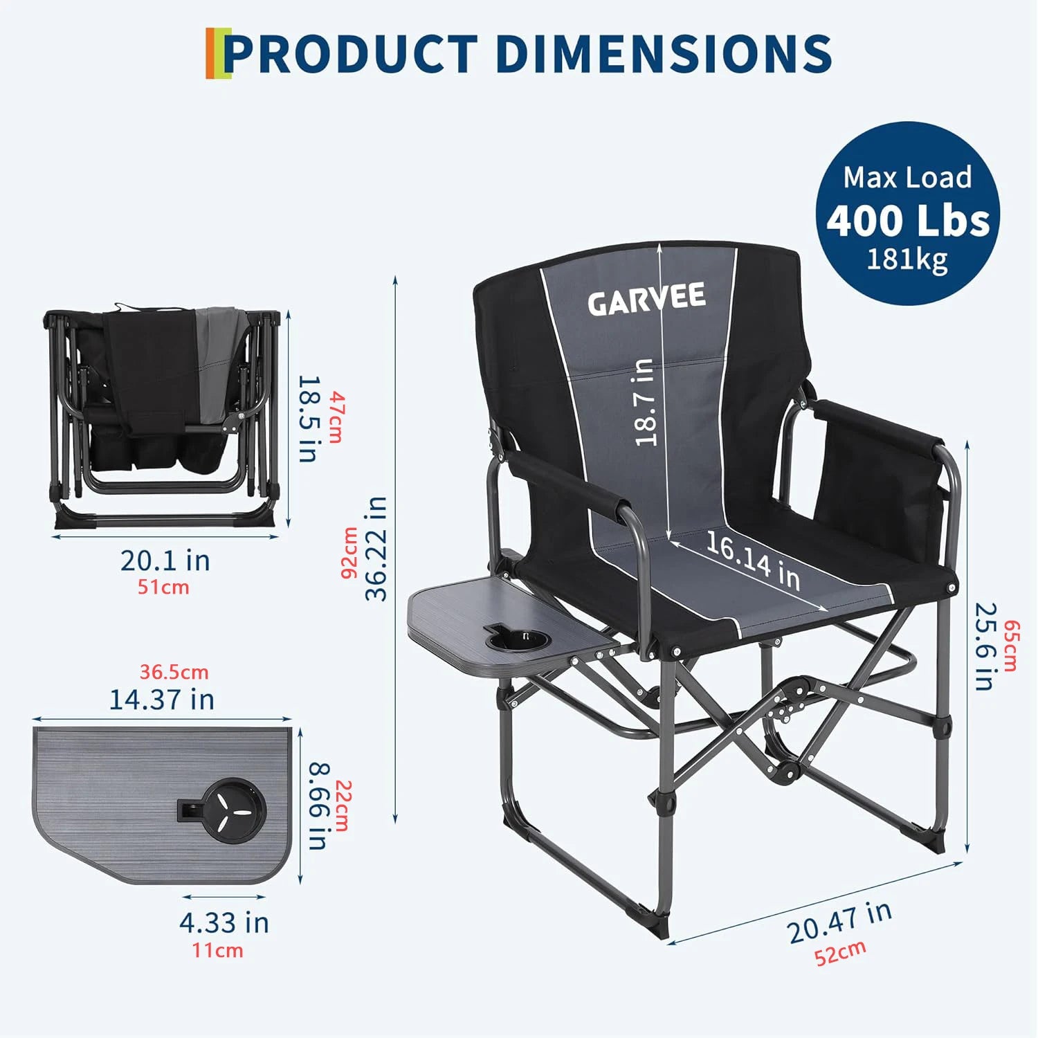 Portable Folding Directors Chair with Side Table Support 181kg Chair.