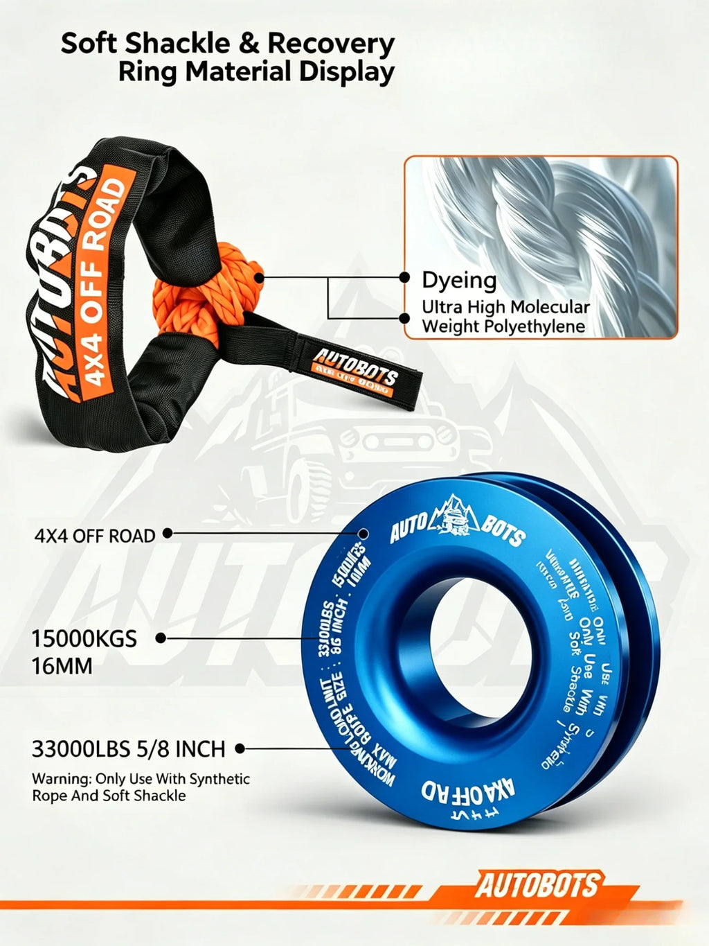 2 Winch Soft Shackle+Blue Recovery Ring Set Soft Shackle Synthetic Rope