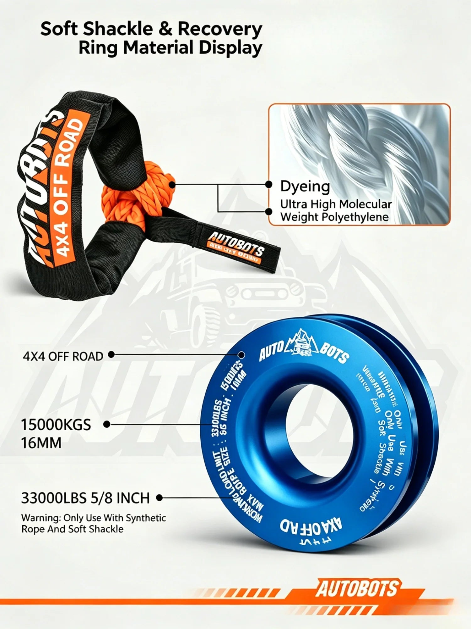 2 Winch Soft Shackle+Blue Recovery Ring Set Soft Shackle Synthetic Rope
